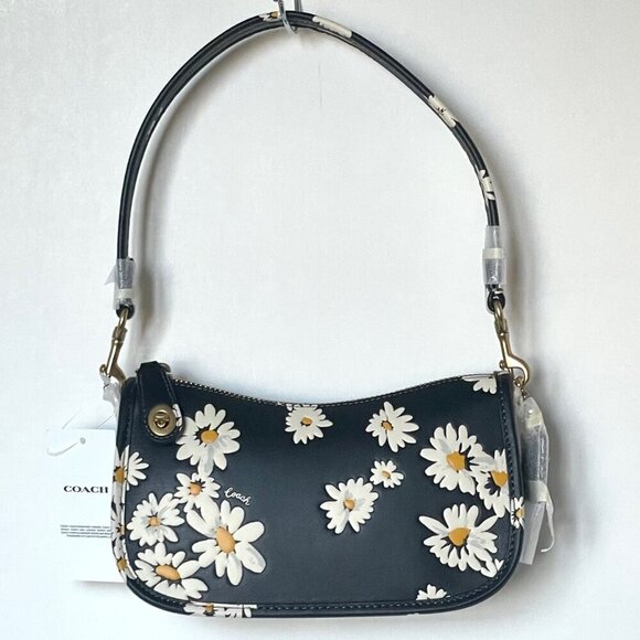 Coach Swinger Bag 20 Floral Daisy CR509 Black GloveTan Leather Shoulder ORIG PKG - Picture 1 of 9